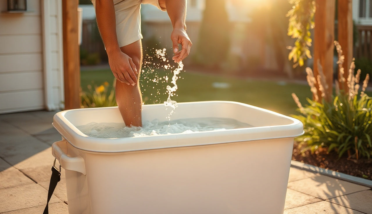 Person easing into a portable ice bath on a sunny outdoor patio