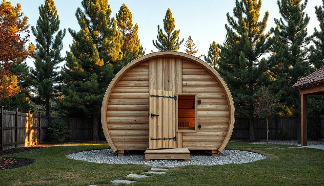 Cedar barrel sauna on gravel pad in tree-lined backyard on autumn afternoon