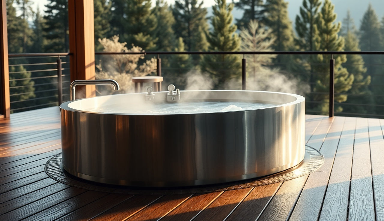 Stainless steel cold plunge tub on a wood deck with morning mist rising from the water