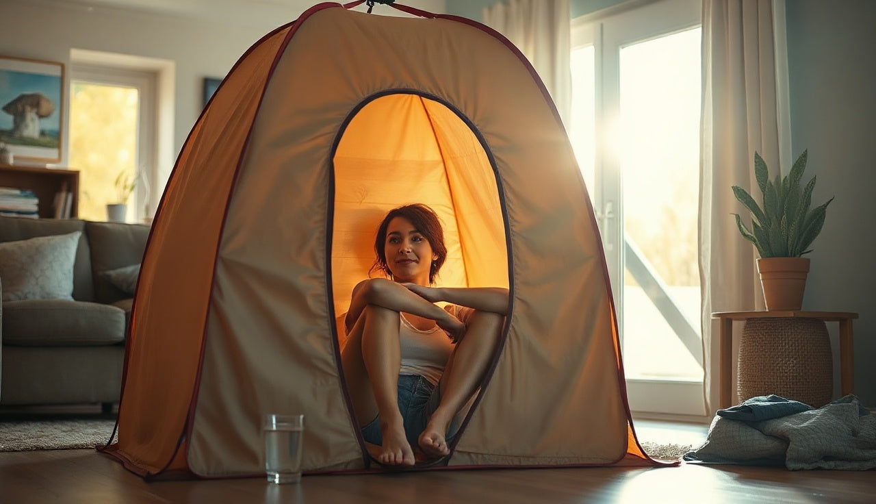 Person sitting in a portable sauna tent at home with a glass of water nearby