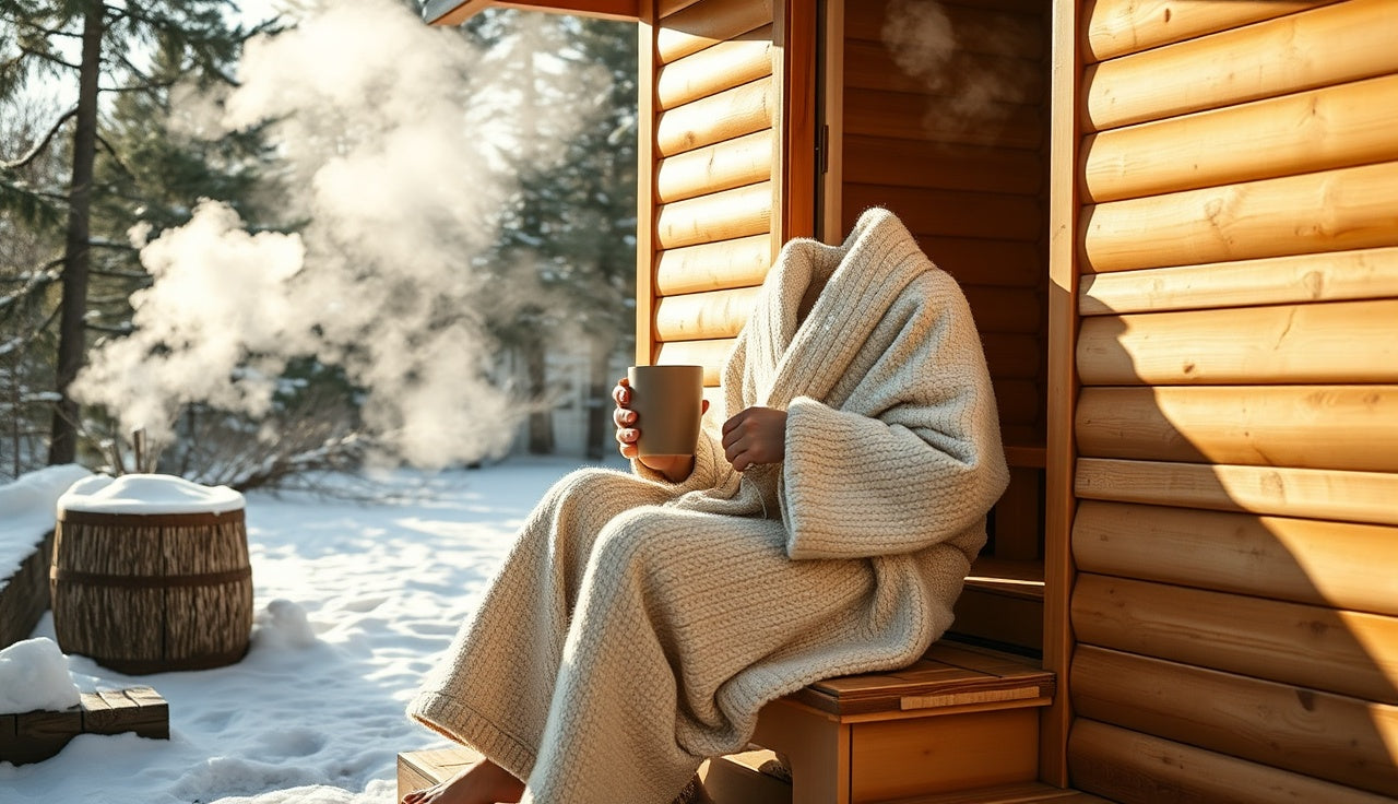 Person rewarming in wool robe beside outdoor sauna after cold plunge in winter