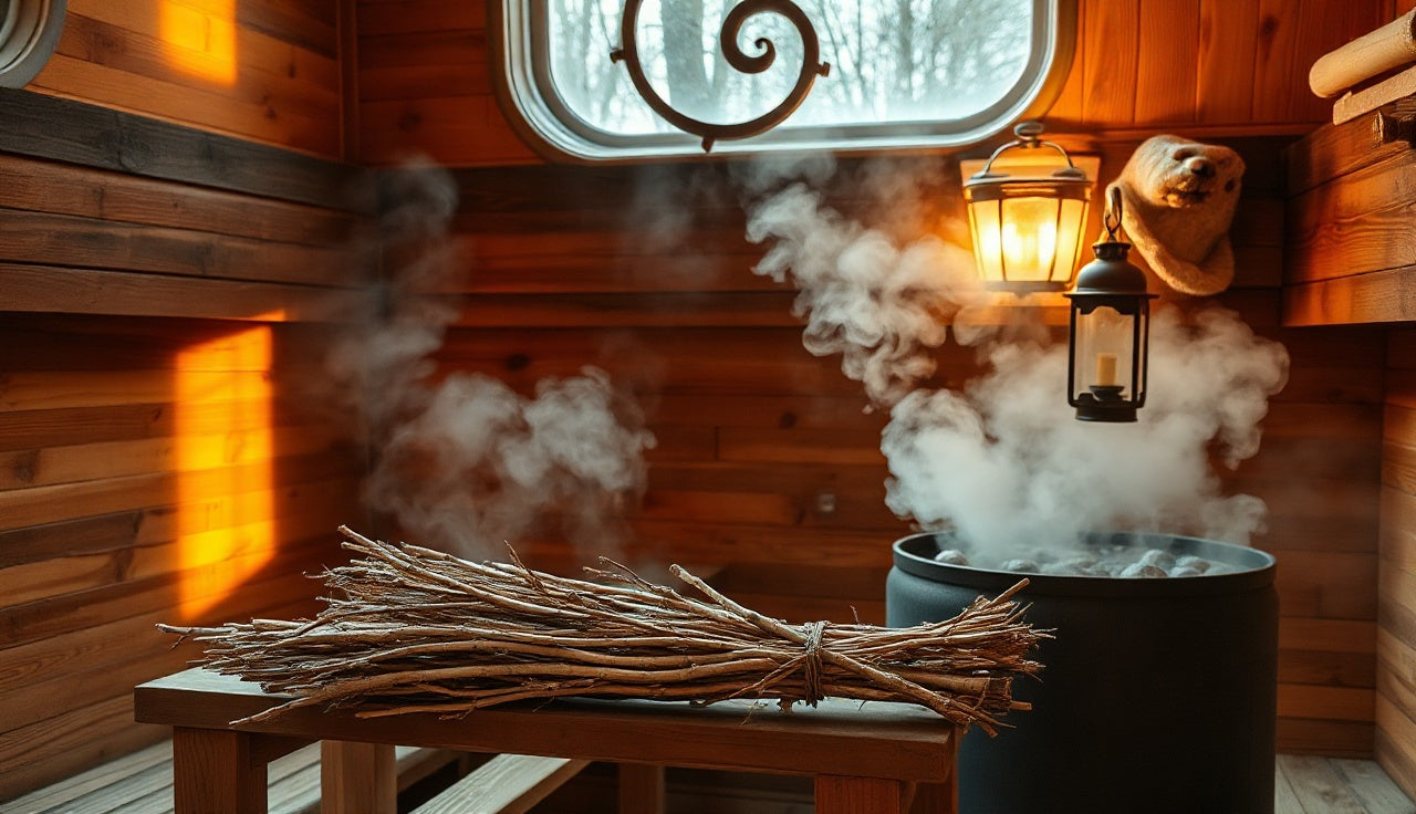 Steaming wooden interior of a traditional Russian banya with birch branches and hot stones