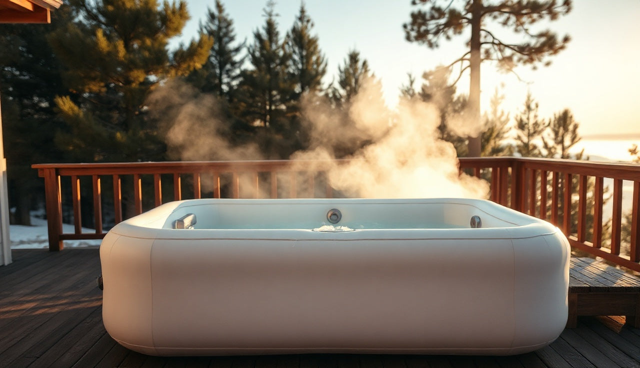 Inflatable drop stitch ice bath filled with ice water on a wood deck at dawn