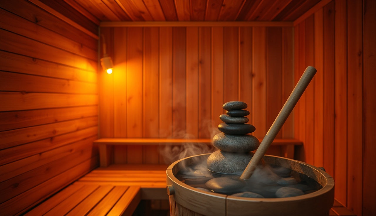 Cedar sauna interior with glowing kiuas stones and steam rising, no people