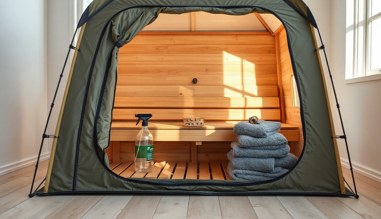 Open portable sauna tent with spray bottle and microfiber cloths for cleaning