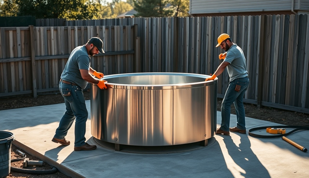 Two workers installing a stainless steel cold plunge tub on a concrete patio