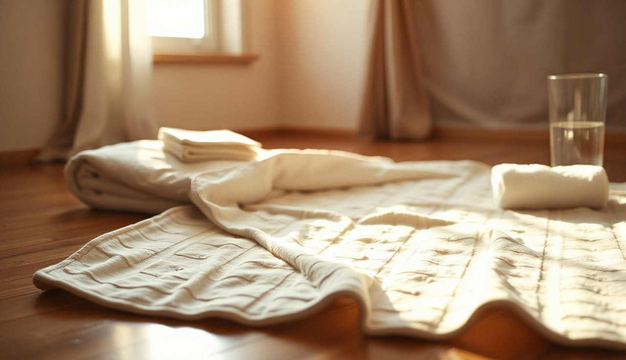 Open infrared sauna blanket on a hardwood floor with a glass of water beside it