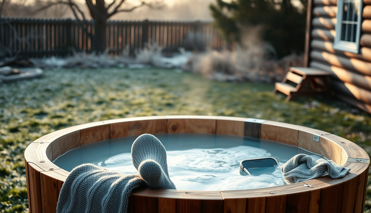 Cold plunge wooden tub outdoors in morning light with towel on edge