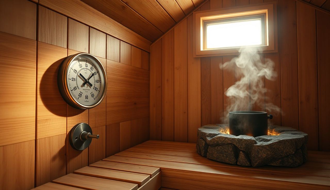 Wooden sauna interior with thermometer mounted on wall opposite stone heater
