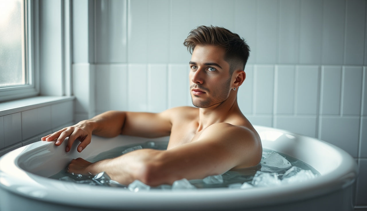 Athlete sitting in an ice-filled bathtub during post-workout cold water immersion recovery