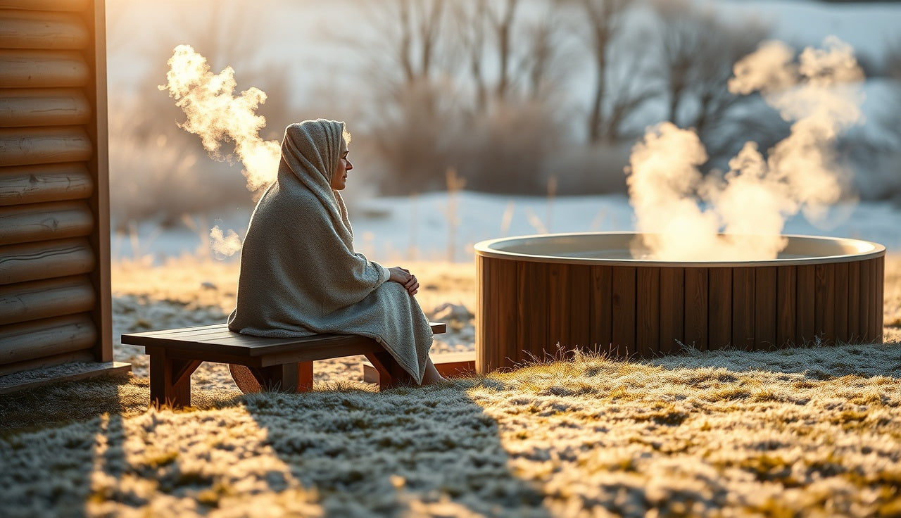 Person recovering from cold plunge wrapped in towel outdoors in winter morning light