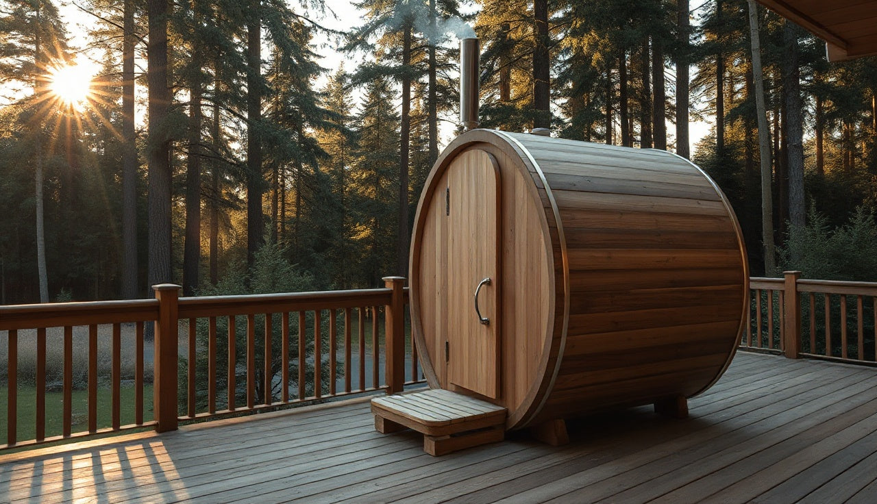 Cedar barrel sauna on a backyard deck surrounded by fir trees in golden afternoon light