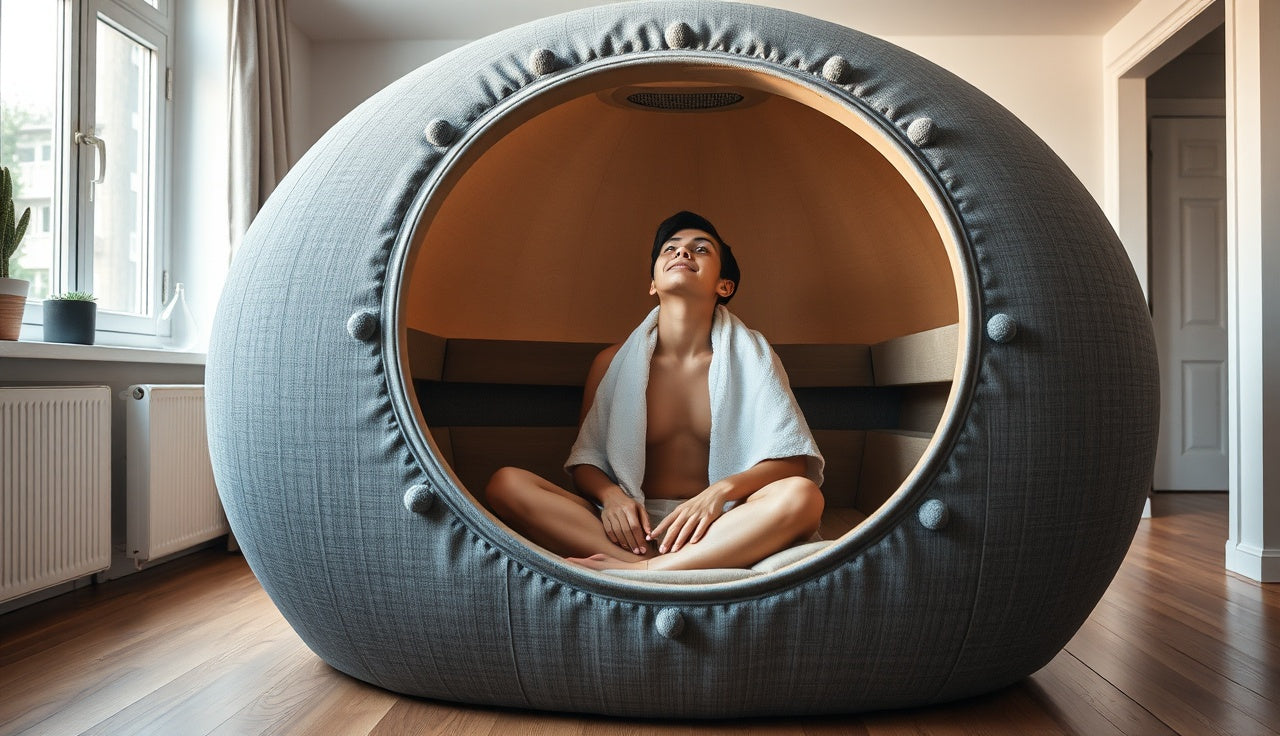 Person sitting in a portable sauna pod with head above enclosure in a living room