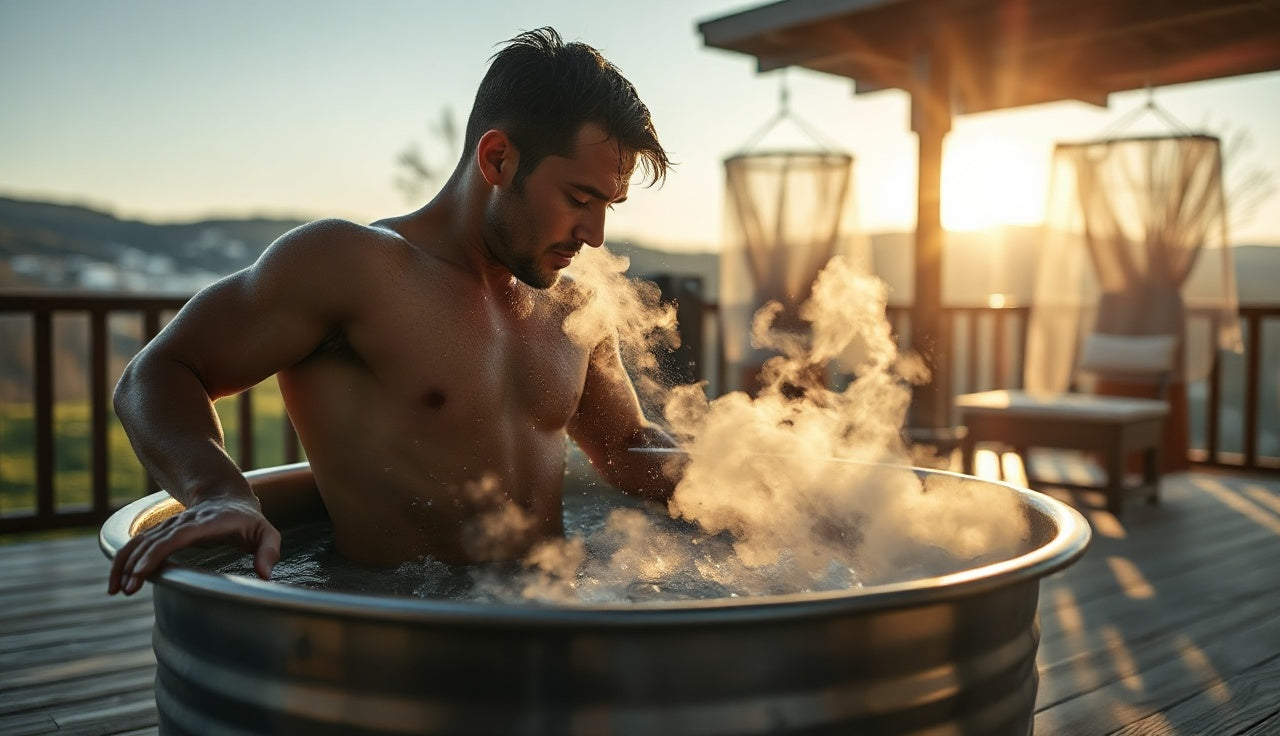 Man entering cold plunge tub outdoors at dawn for recovery