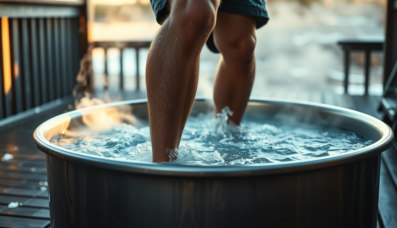 Person entering cold plunge tub outdoors at dawn for norepinephrine protocol