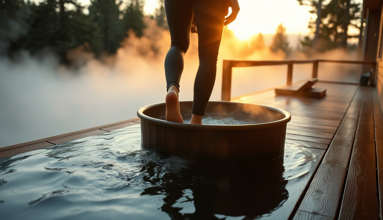 Person stepping into cold plunge tub on a misty wooden deck at dawn