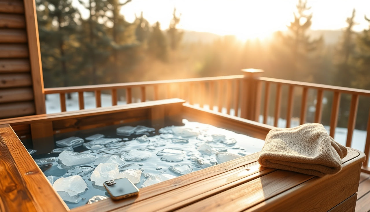 Cold plunge tub on outdoor deck at dawn with towel and phone on the edge