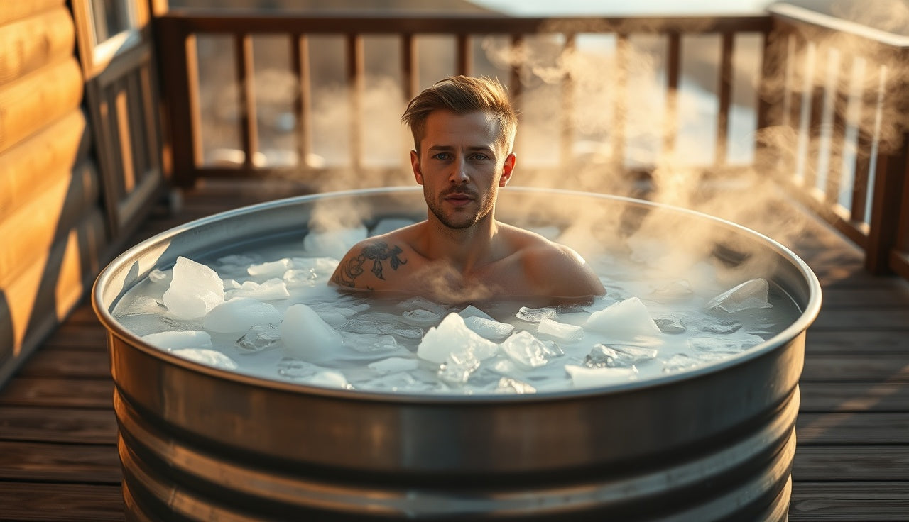 Person sitting in outdoor ice bath in metal tub with cold water