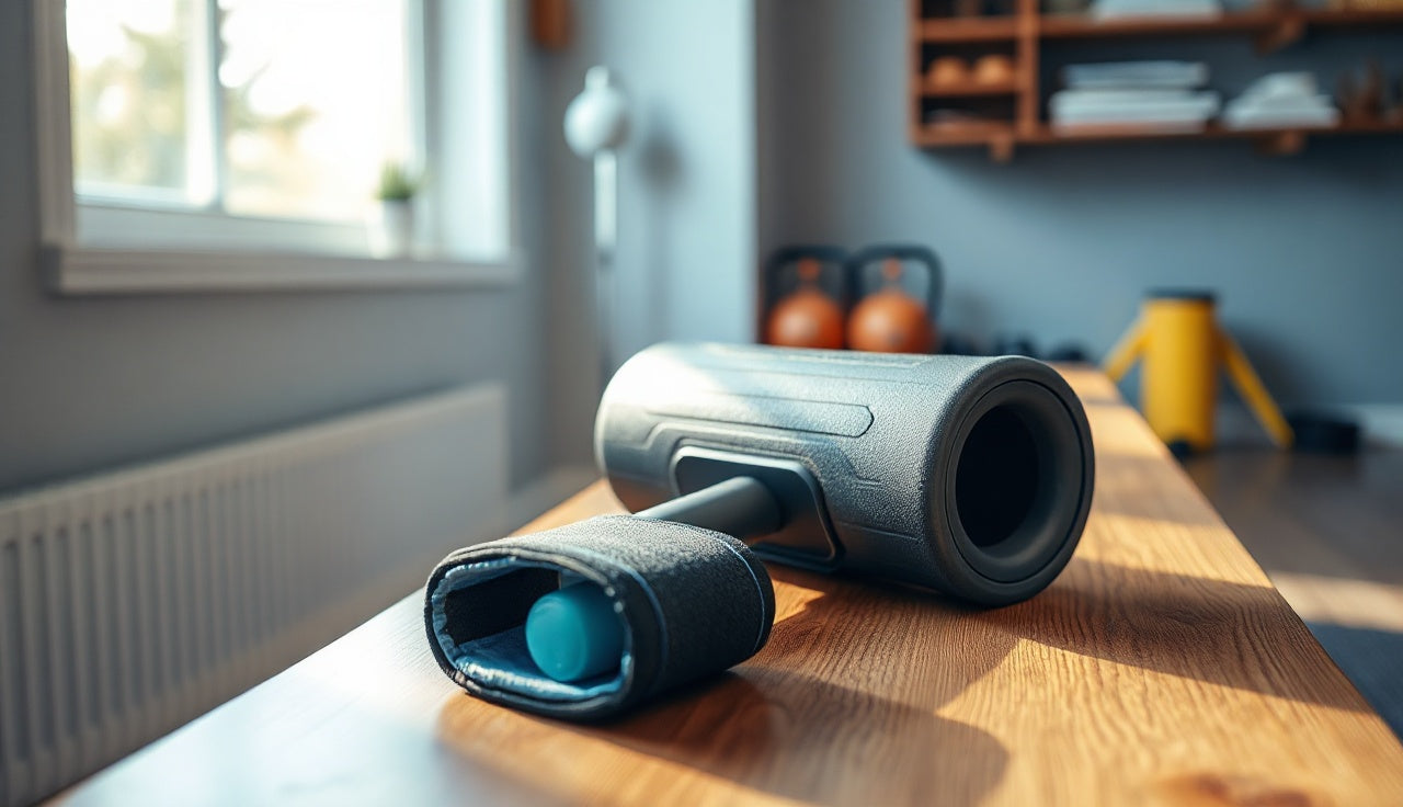 Wearable knee contrast therapy wrap on a wooden bench in a home gym