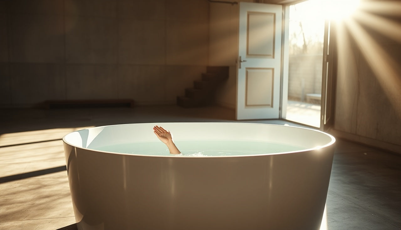 Person stepping into a white cold plunge tub in a bright garage