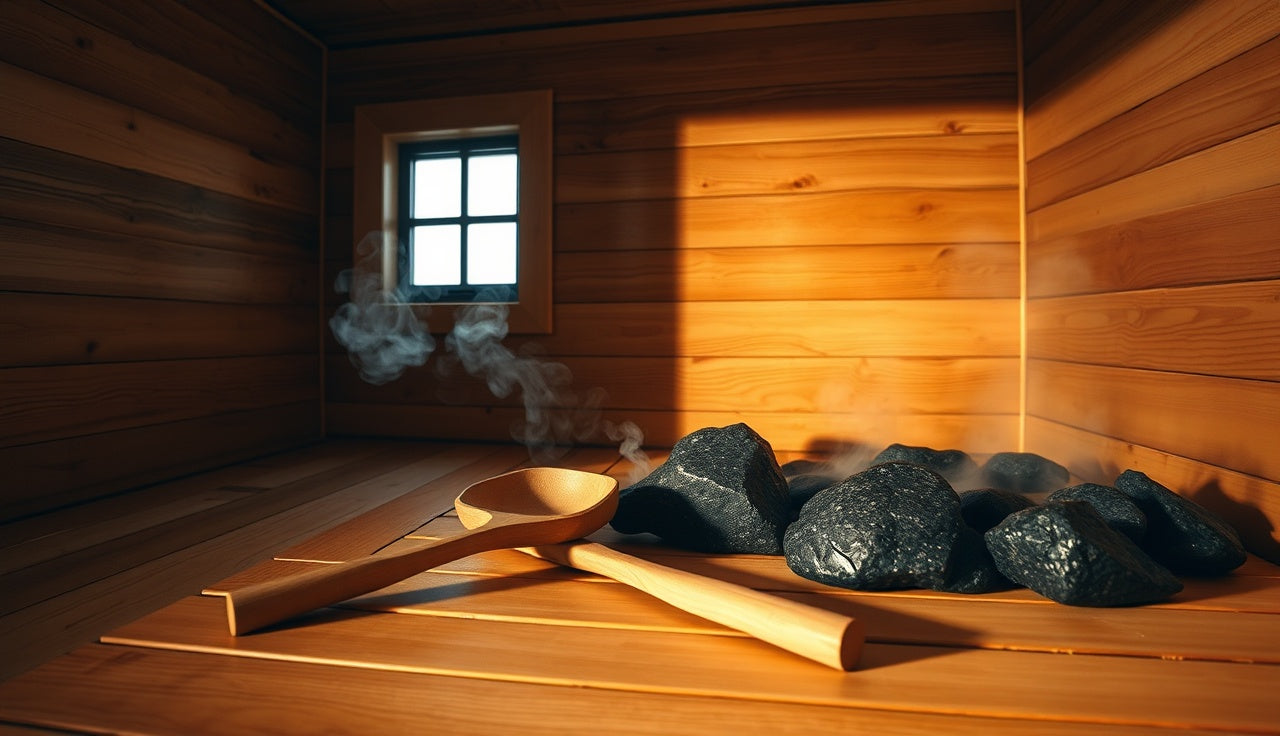 Wooden Finnish sauna interior with hot rocks and rising steam