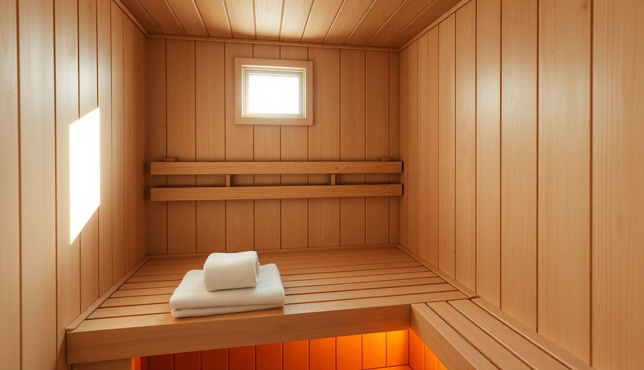 Pale basswood infrared sauna interior with warm heater glow and folded towel on bench