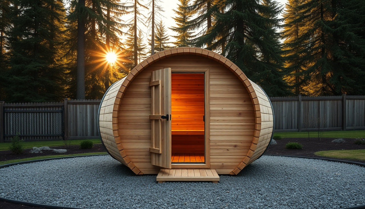 Cedar barrel sauna on gravel pad in a wooded backyard, door ajar showing warm interior