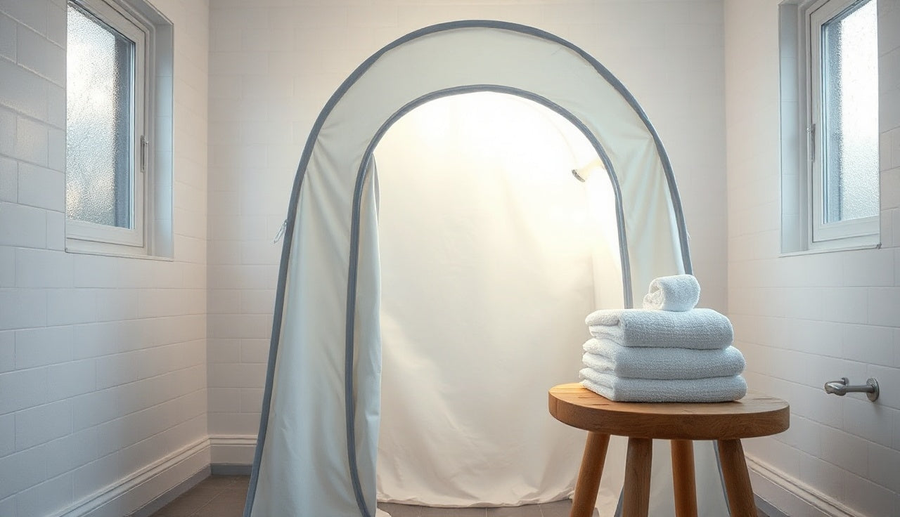 Portable steam sauna tent in a bathroom with steam rising from neck opening