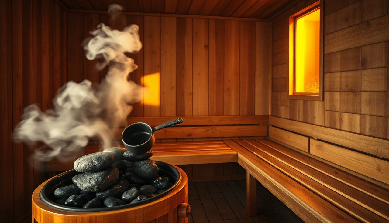 Cedar sauna interior with glowing heater stones and rising steam