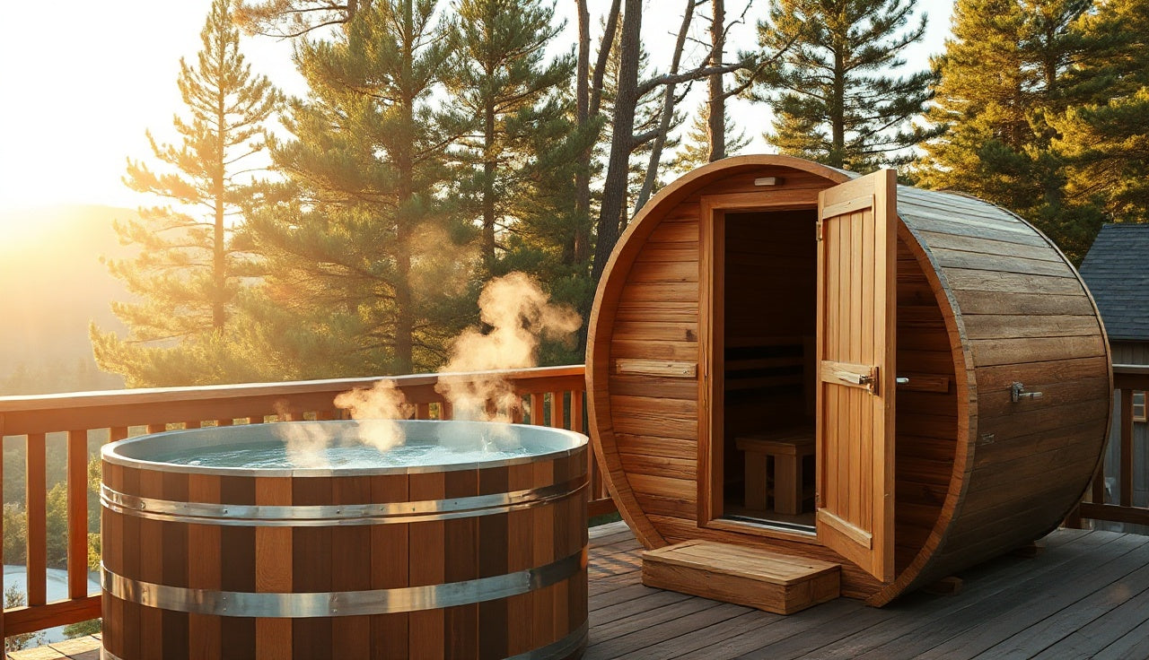 Cedar barrel sauna and cold plunge tub on a wooden deck for contrast therapy