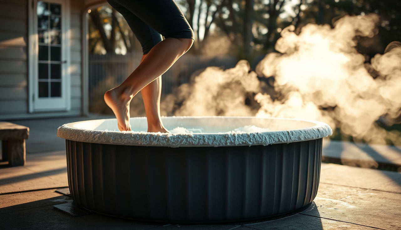 Person lowering into a cold plunge tub on a shaded backyard patio at dawn
