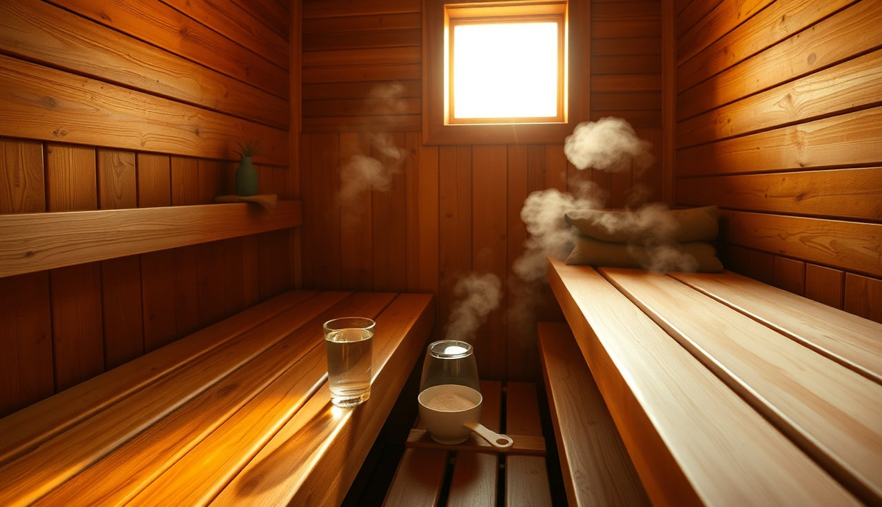 Cedar sauna bench with a glass of water and creatine scoop in warm light