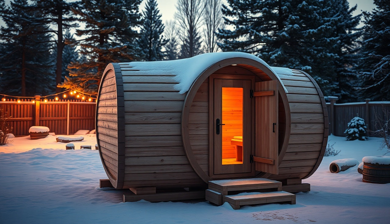 Nordic spruce barrel sauna with glowing glass door in snowy backyard at dusk