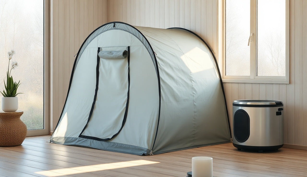 Compact portable steam sauna tent and steam generator on a home bathroom floor