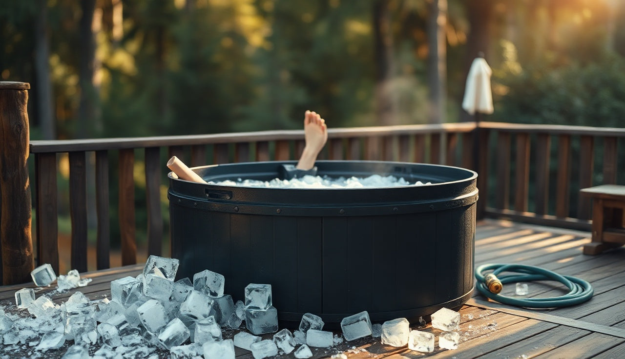Upright black barrel cold plunge tub on a wooden deck with ice and hose