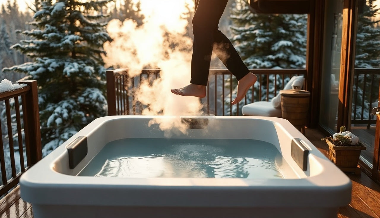 Person entering cold plunge tub outdoors on a frosty morning deck