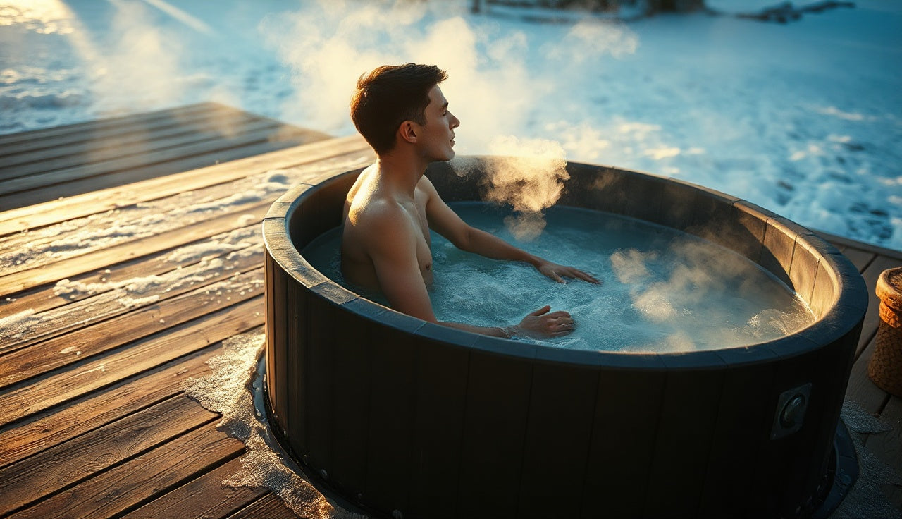 Person sitting in cold plunge tank outdoors at dawn exhaling visible breath