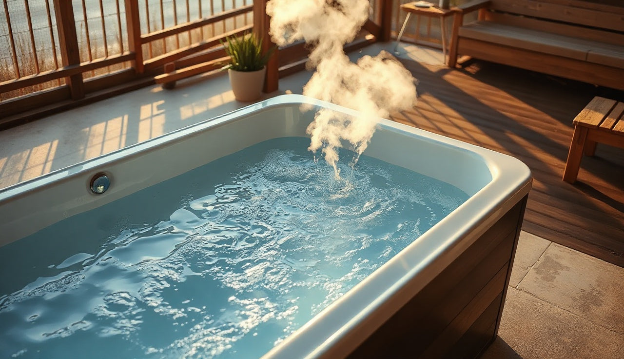 Fiberglass cold plunge tub filled with cold water on a sunlit concrete patio