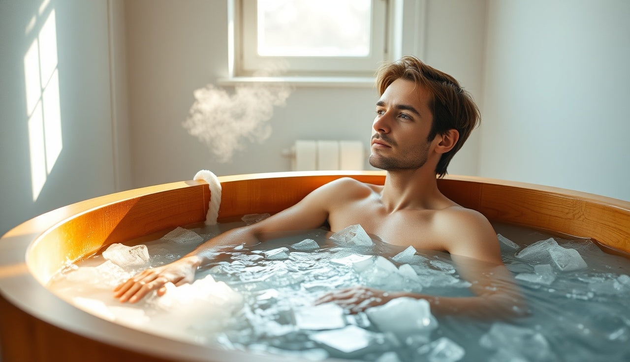 Person sitting in ice-filled cold plunge tub during cold thermogenesis session
