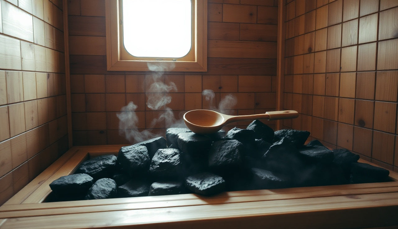 Cedar sauna interior with steam rising from hot sauna stones on upper bench