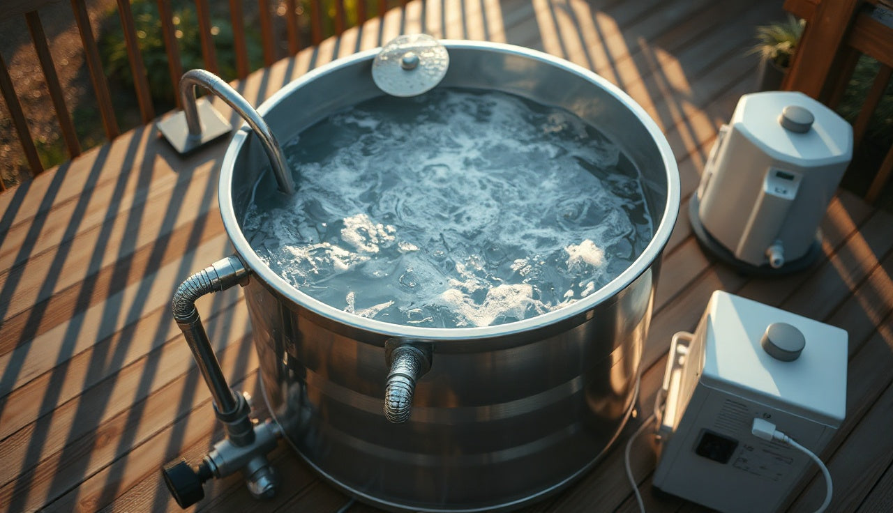 Stainless steel cold plunge tub with visible UV filtration unit on a wooden deck