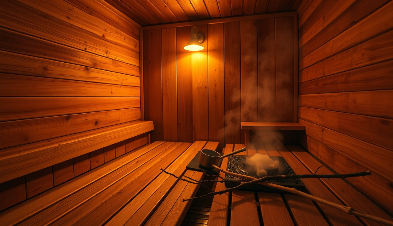 Steam rising from hot sauna stones inside a cedar-paneled Finnish sauna room