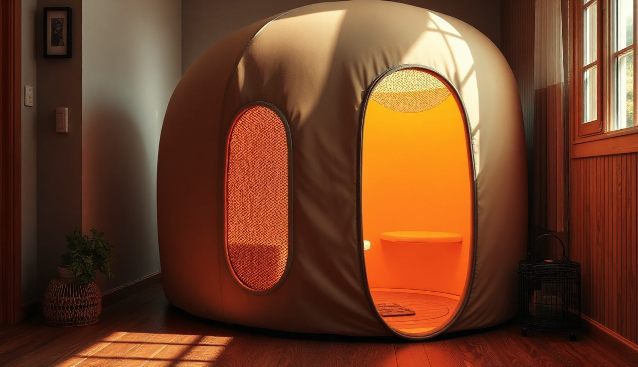 Portable fabric infrared sauna pod glowing with warmth in a sunlit home room