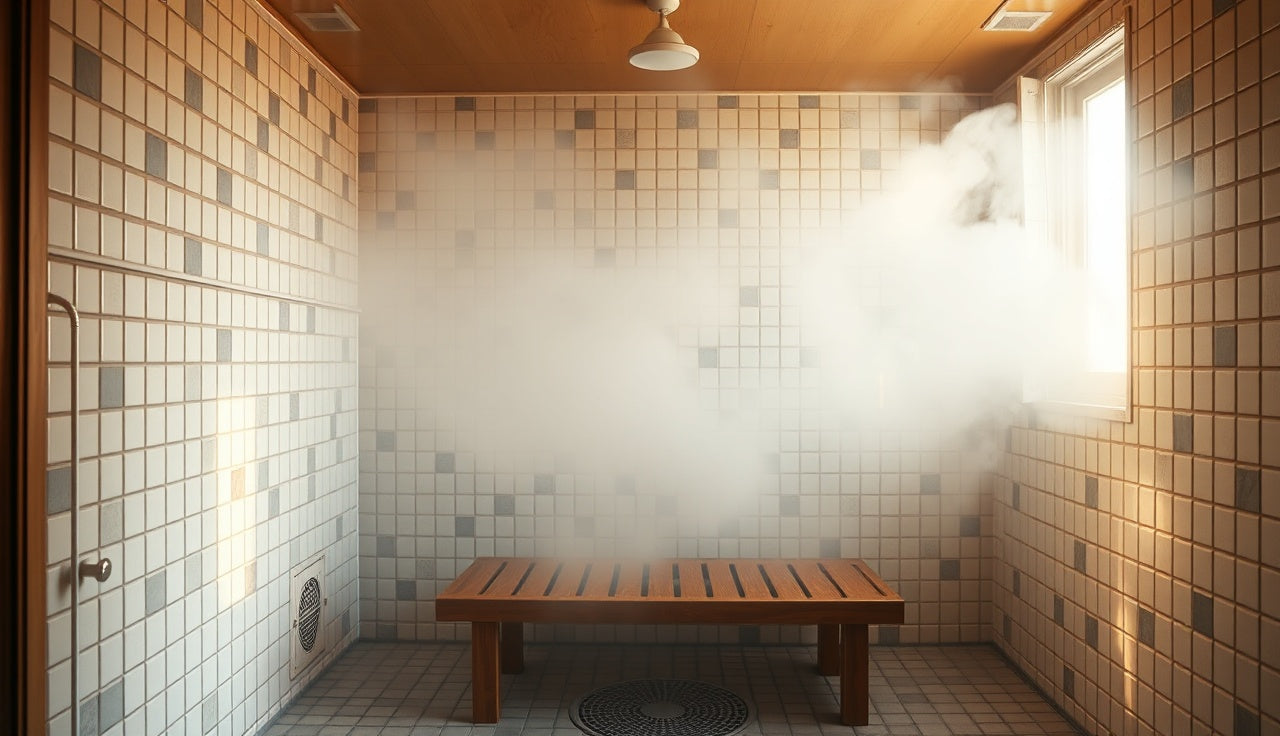 Dense steam filling a tiled steam sauna room at operating temperature