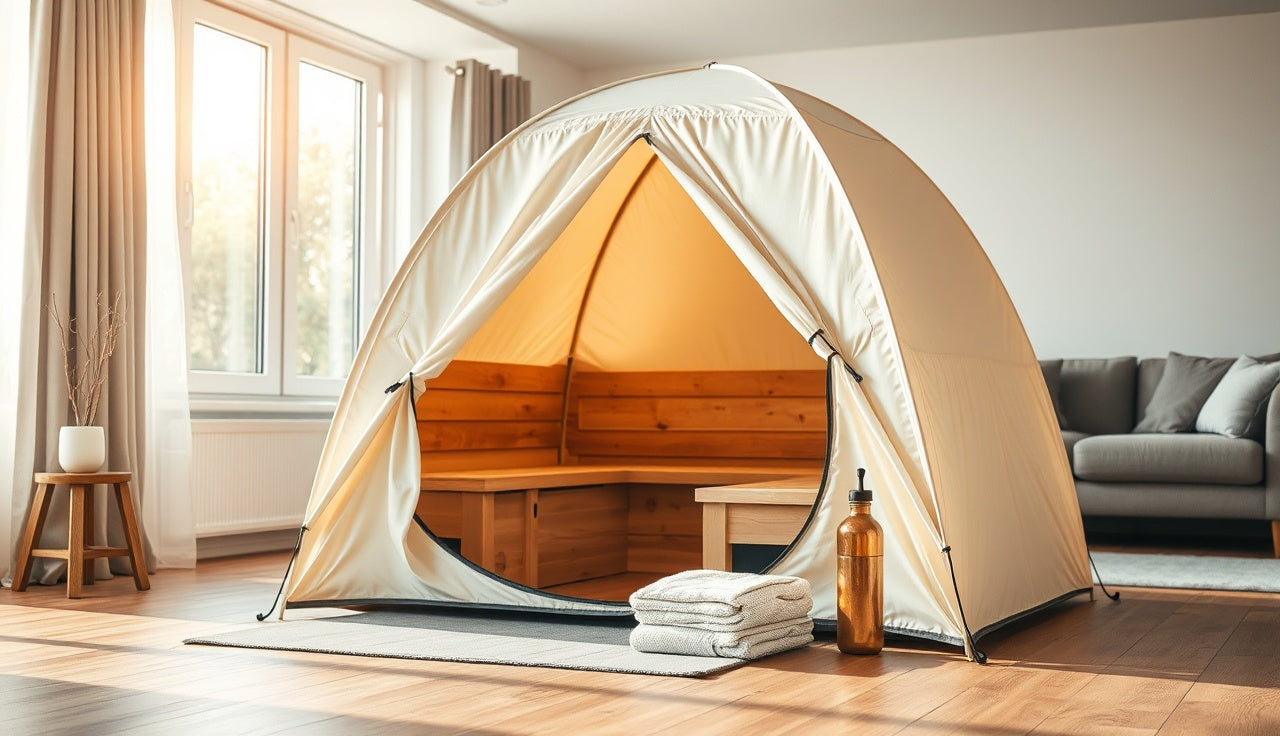 A portable sauna tent set up in a sunlit apartment living room with a towel and water bottle beside it