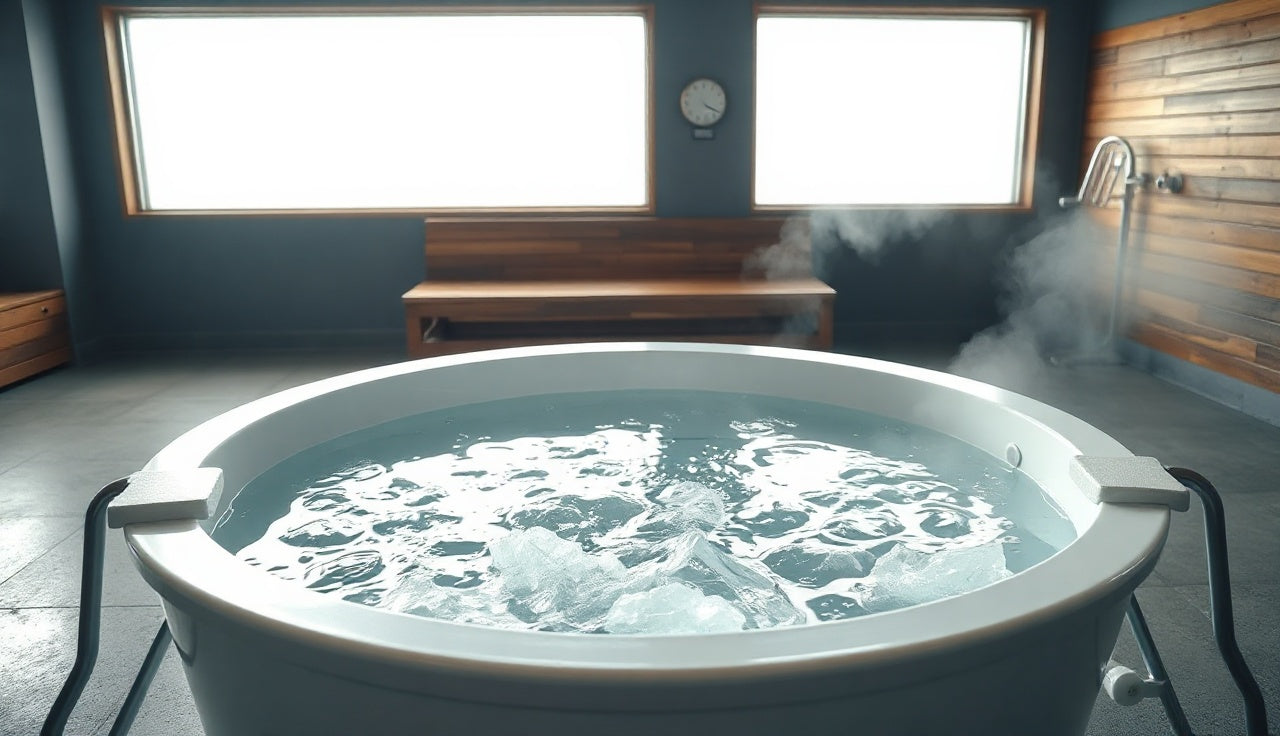 Commercial cold plunge tub with clear chilled water in a gym recovery room