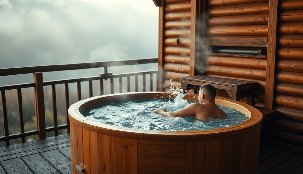 Person transitioning from outdoor sauna to cold plunge tub in morning mist