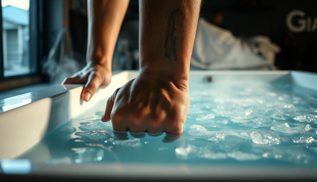 Person gripping edge of ice-filled cold plunge tub in a morning gym