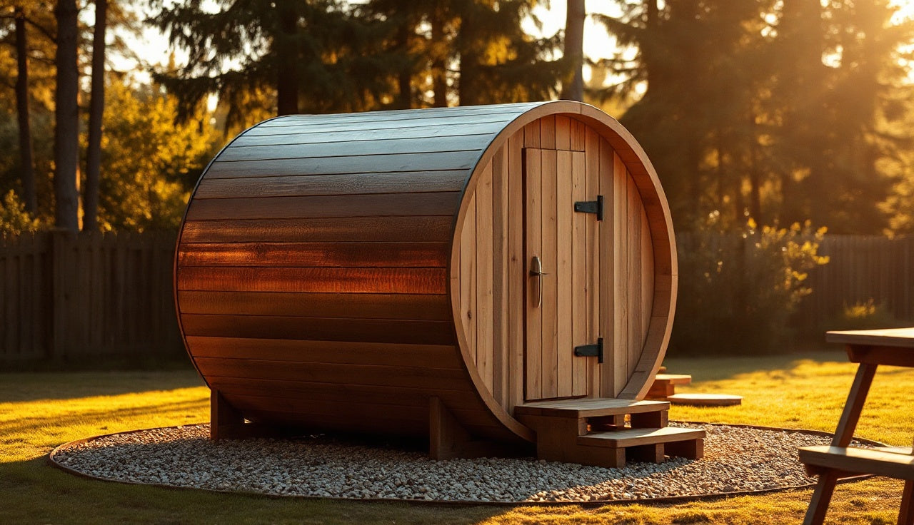 Large hemlock barrel sauna on gravel pad in backyard, golden afternoon light