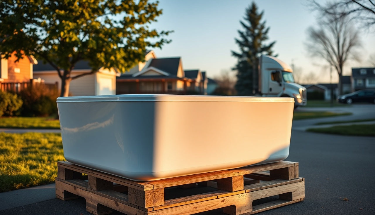 Cold plunge tub on freight pallet at residential driveway during delivery